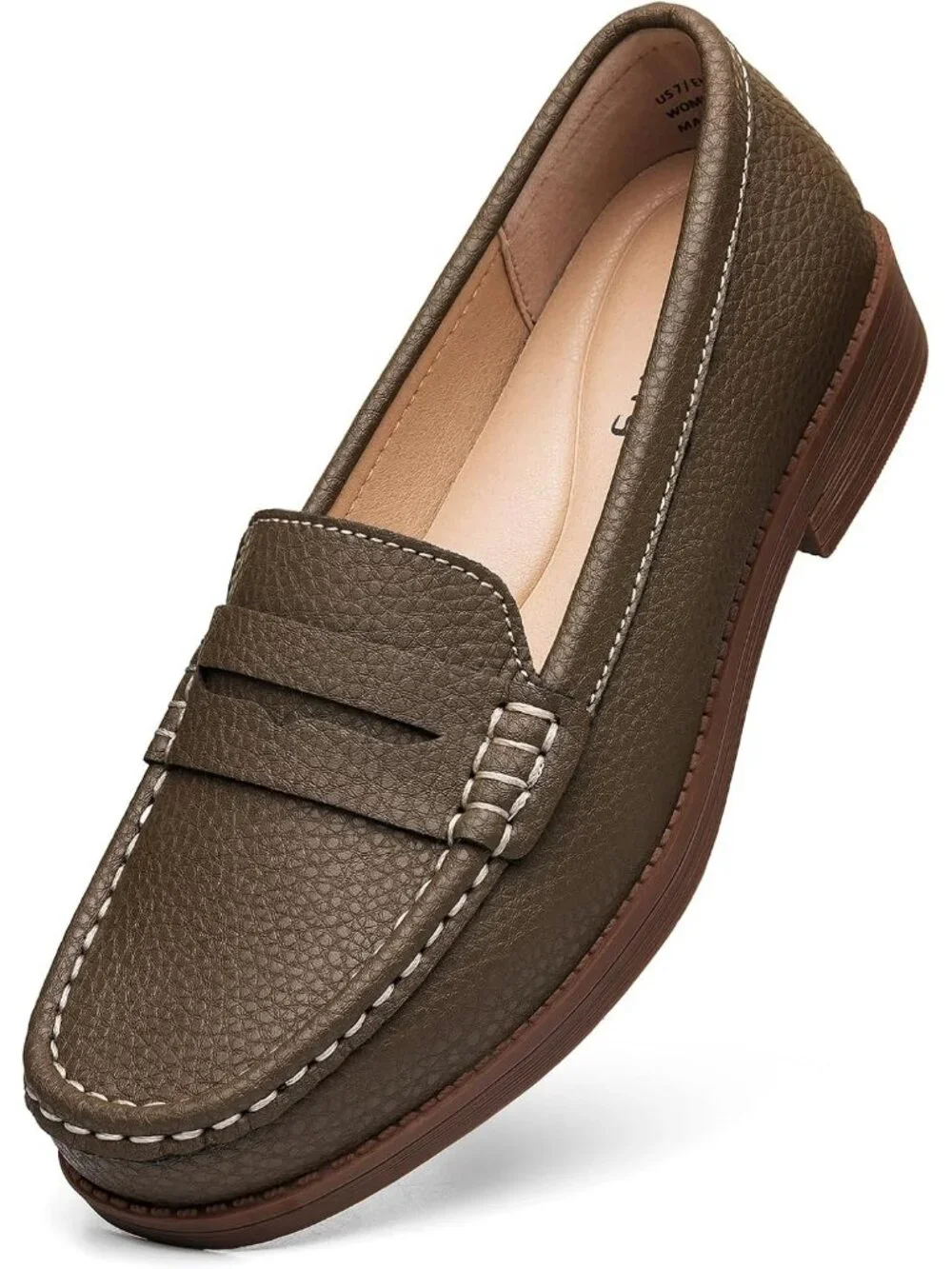 Women's Khaki Leather Comfortable Penny Loafers Slip On Casual Walking Shoes